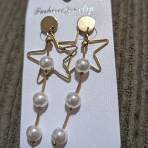 Star Pearl Long Dangle Stud Earrings